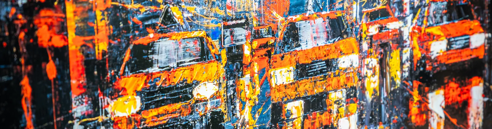Close-up of the thick palette-knife brushwork in a Paul Kenton cityscape, with orange cabs and blue tones built up in textured oil